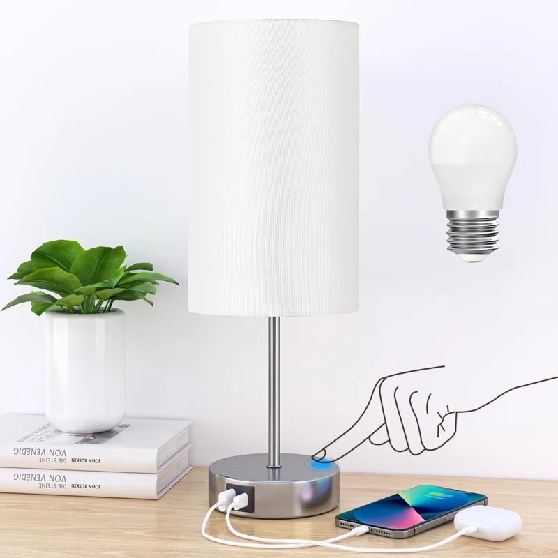 White Fabric Shade Silver Base Touch Table Lamp with USB Charging