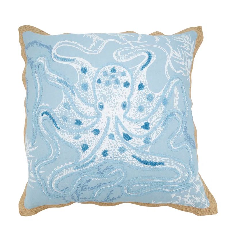 Blue Cotton Octopus Design 20'' Throw Pillow Cover