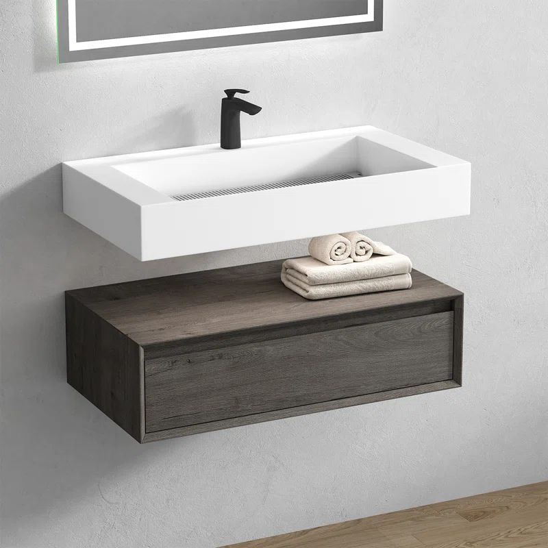 Alysa 36" Smoke Oak Wall-Mounted Vanity with White Acrylic Sink