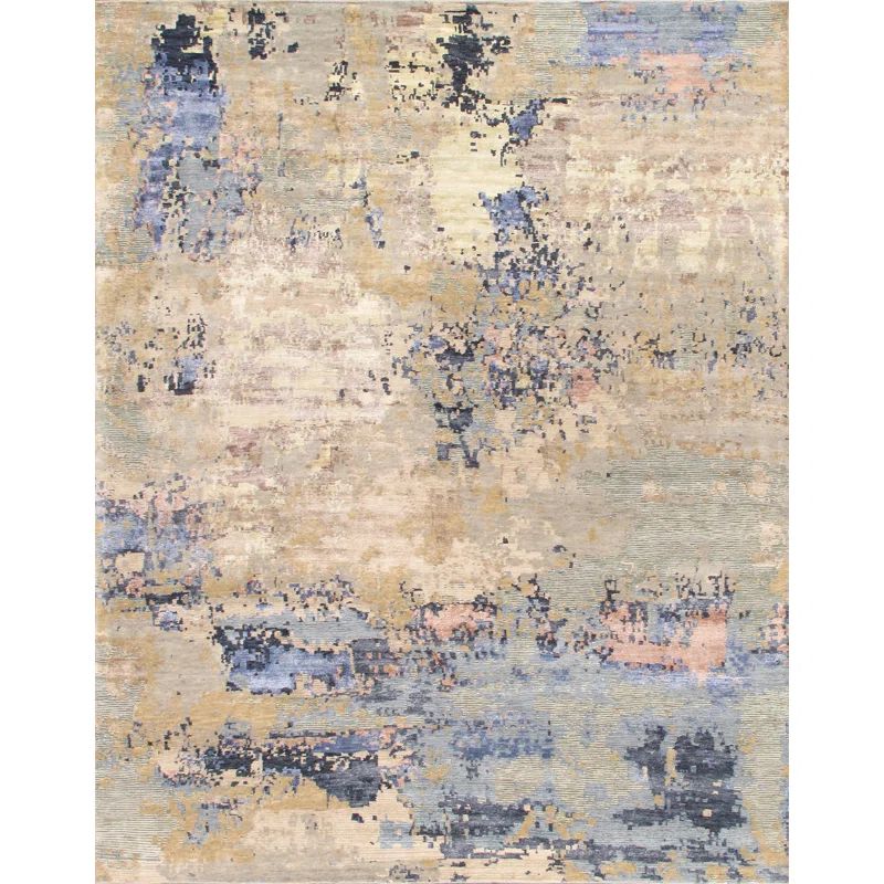 Large Blue and Beige Hand-Knotted Wool Silk Rug