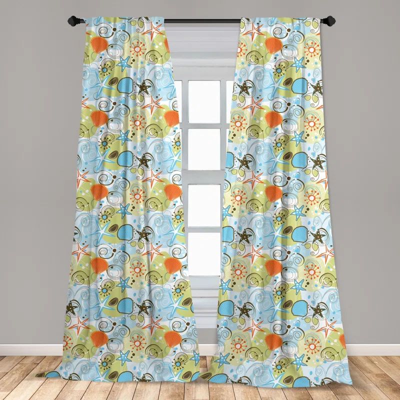 Sea Shells Multicolor Polyester Light-Filtering Curtain Panels, 28" x 63", Set of 2
