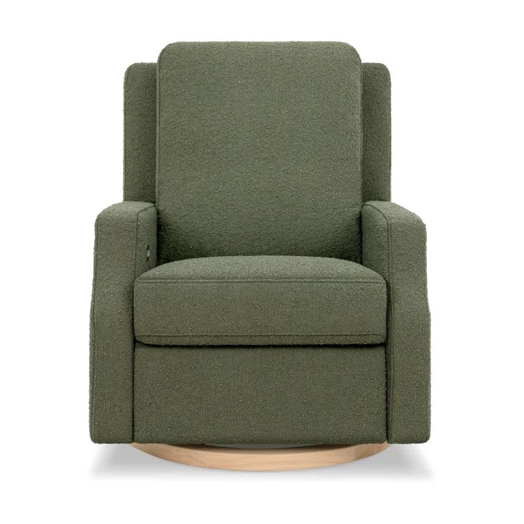Olive Boucle Swivel Recliner with Light Wood Base