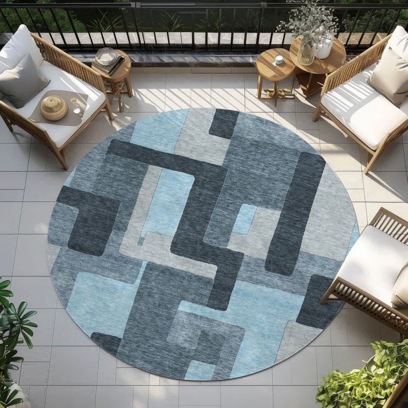 Sky Blue Geometric Synthetic Round 8 ft Rug