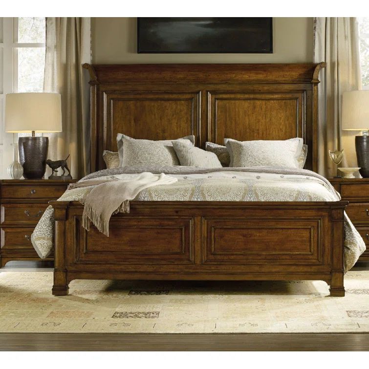 Traditional King-Sized Upholstered Panel Bed with Wood Headboard