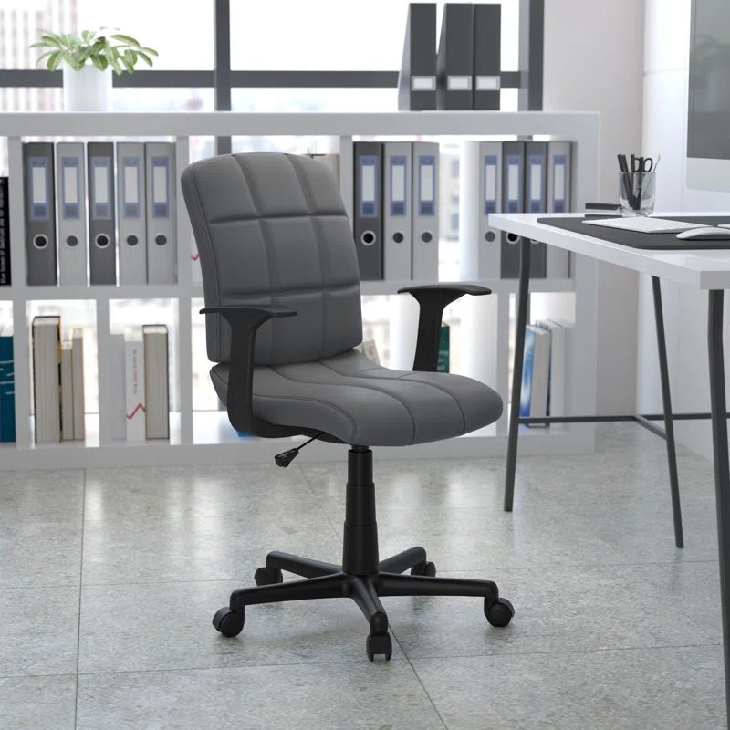 Gray Vinyl Mid-Back Swivel Task Chair with Adjustable Arms