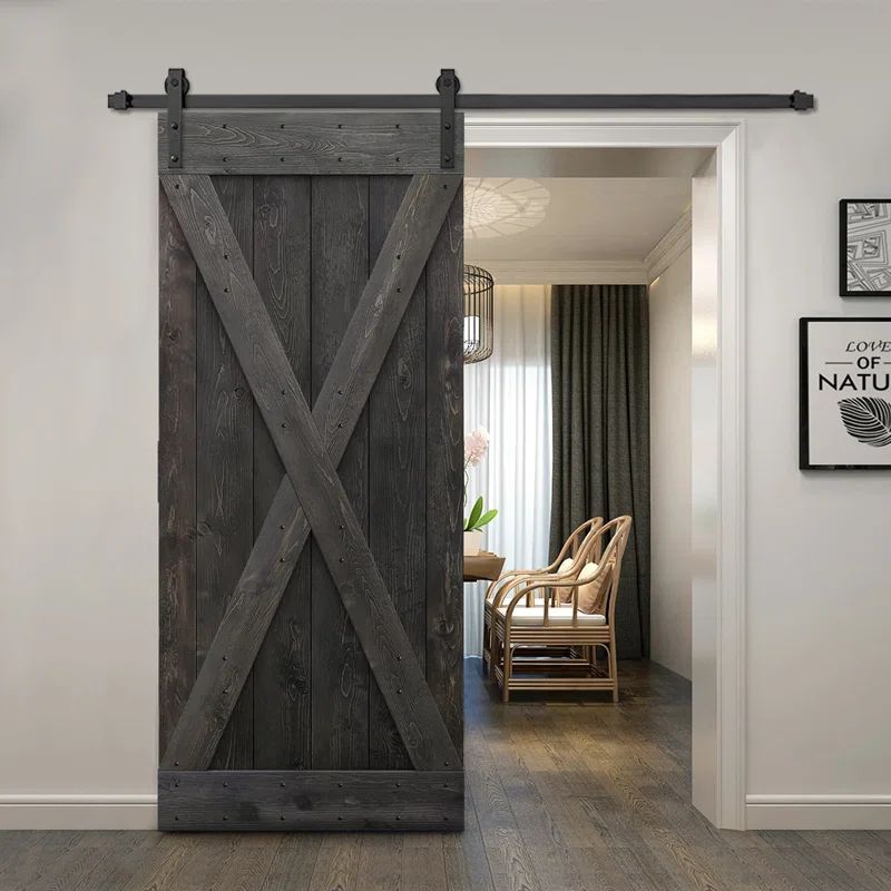 84" Charcoal Black Stained Knotty Pine Sliding Barn Door with Matte Black Hardware