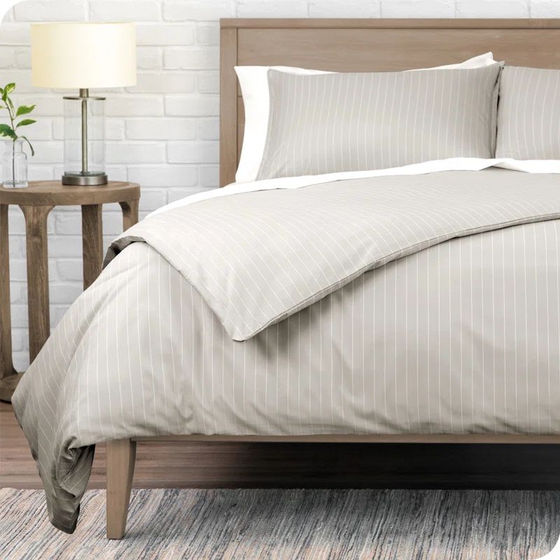 Queen Pinstripe Stone and White Microfiber Duvet Cover Set
