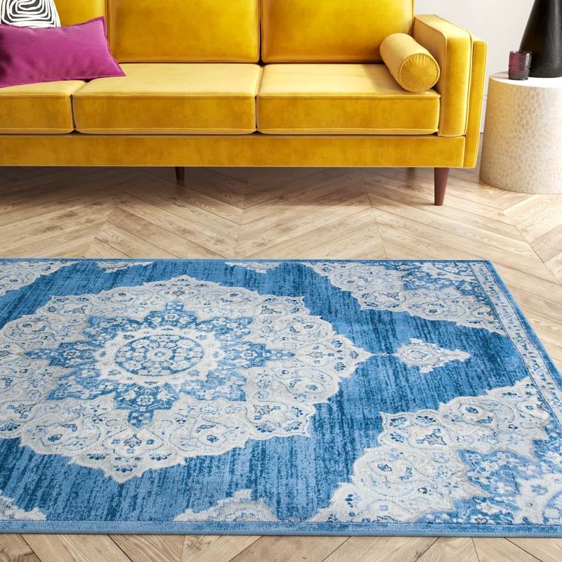 Brentwood Blue and Grey Floral Bordered 9' x 12' Area Rug