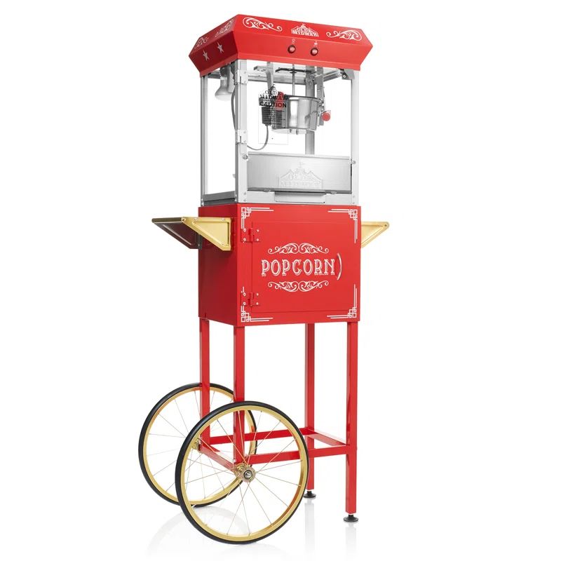 Vintage Red Metal Popcorn Machine with Cart, 6 oz Kettle