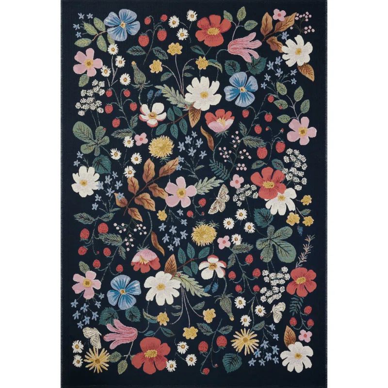 Black Floral Wool and Synthetic Rectangular Area Rug 6'-7" x 9'-4"