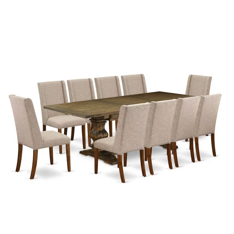 Distressed Jacobean Acacia Wood Dining Set with Light Tan Linen Chairs