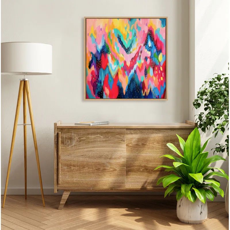 Colorful Abstract Brushstroke Canvas with Natural Frame