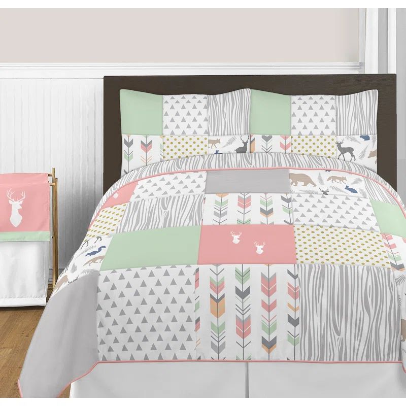 Coral and Mint Microfiber Full Comforter Set with Woodland Print