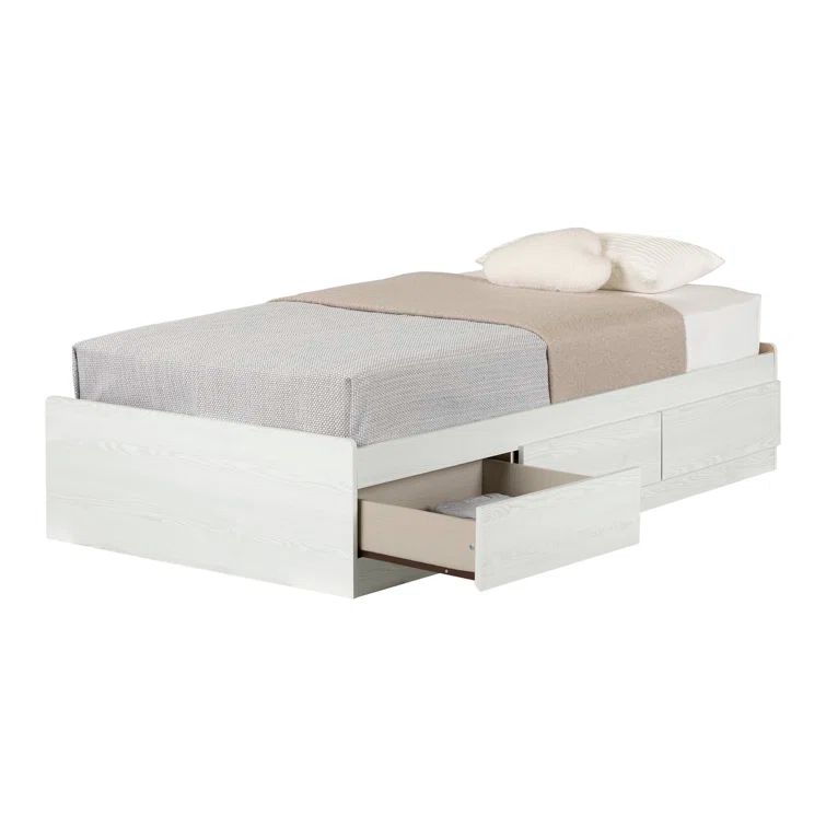 White Twin Wood Frame Platform Bed with Storage Drawers