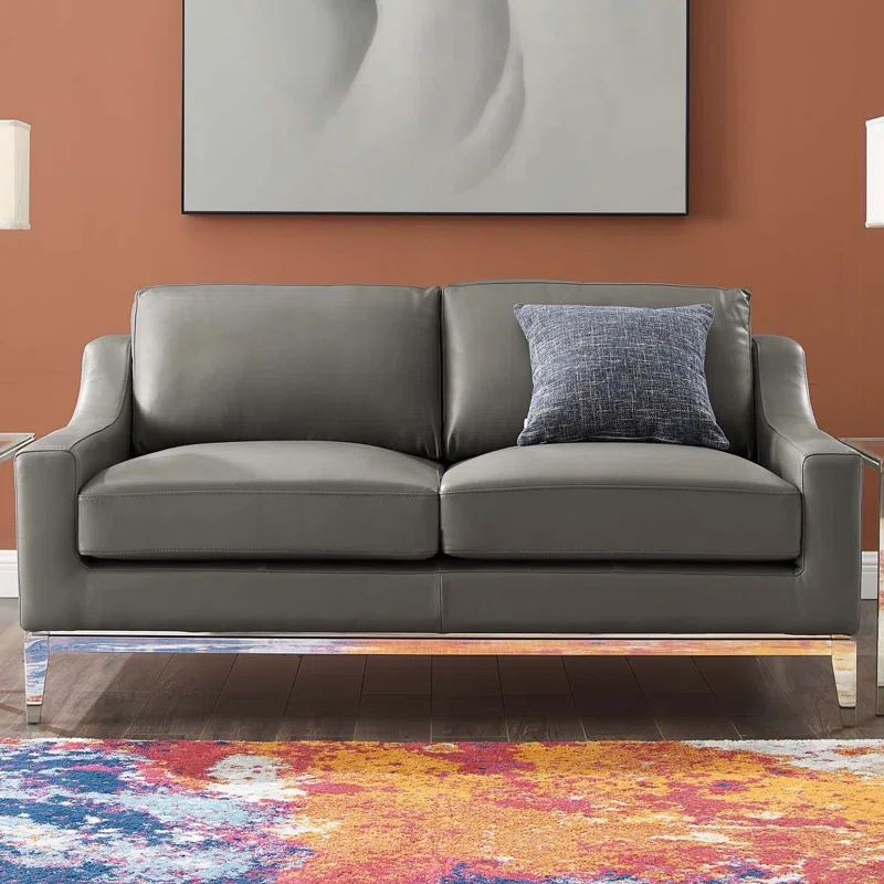 Gray Genuine Leather Loveseat with Stainless Steel Base and Removable Cushions