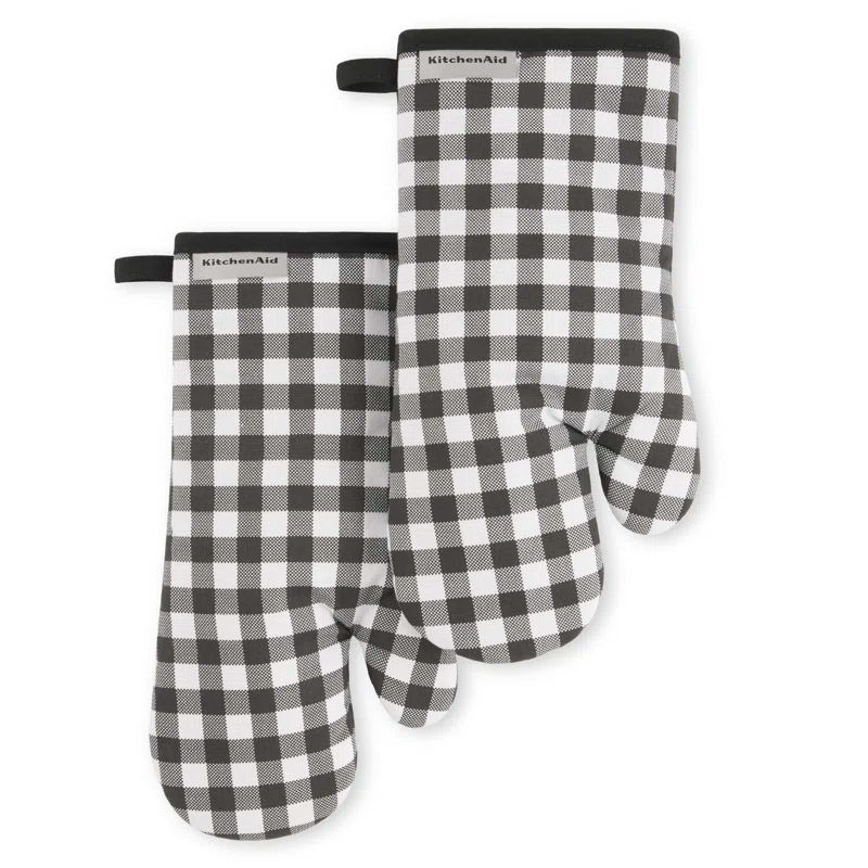 Onyx Black and White Gingham Cotton Oven Mitt Set, 7" x 13", 2-Piece