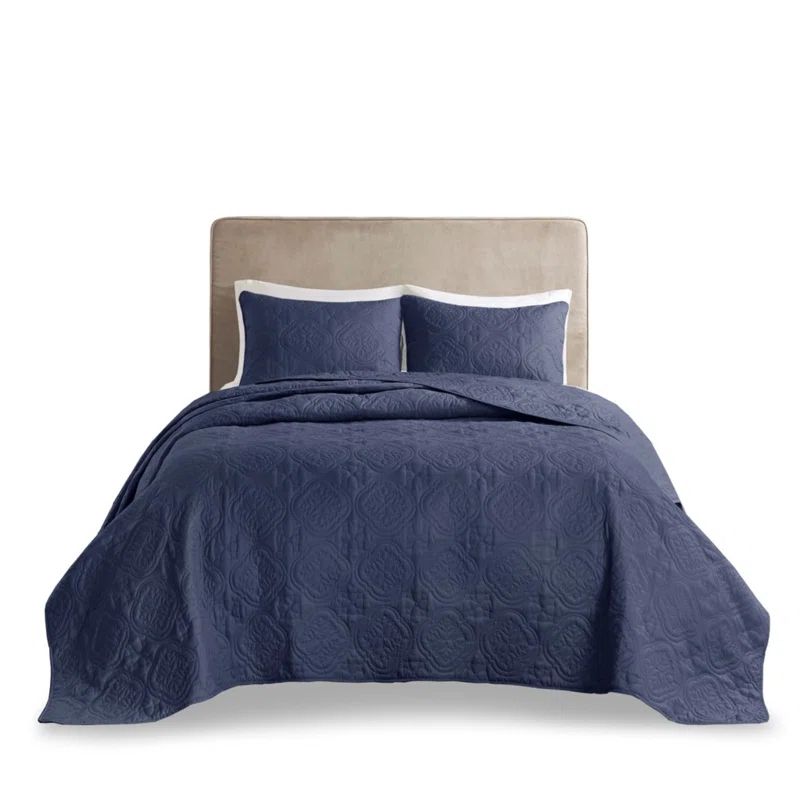 Navy King-Size Reversible Microfiber Bedspread Set with Classic Stitch
