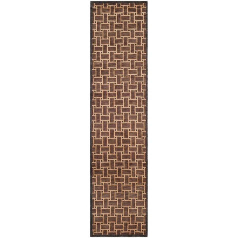 Hand-knotted Geometric Wool Runner Rug in Brown and Beige