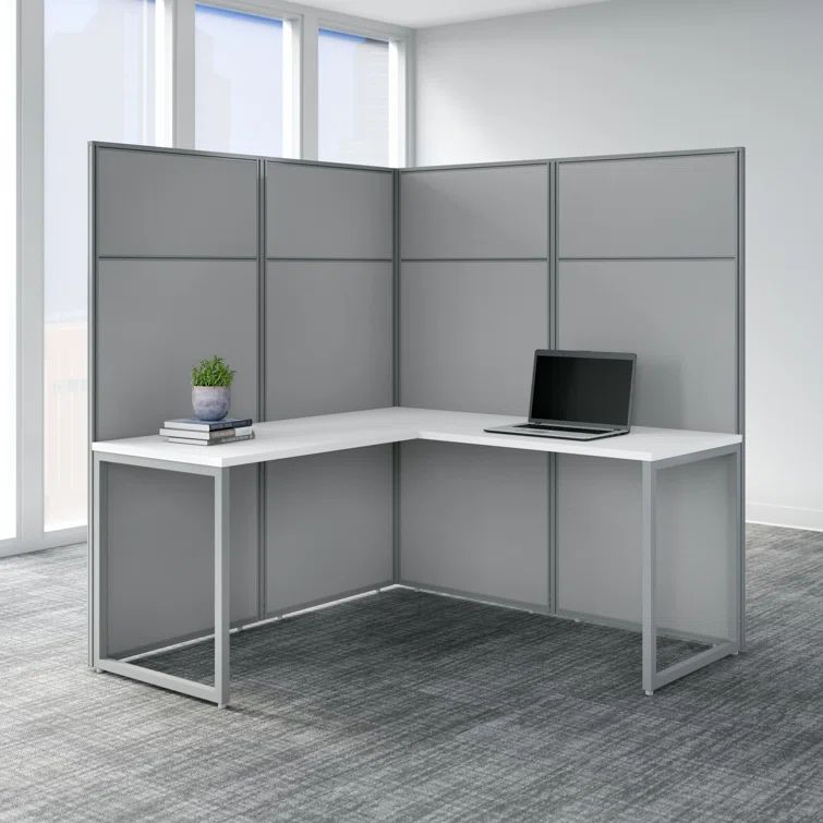 Pure White L-Shaped Metal Office Cubicle Desk with Cable Management