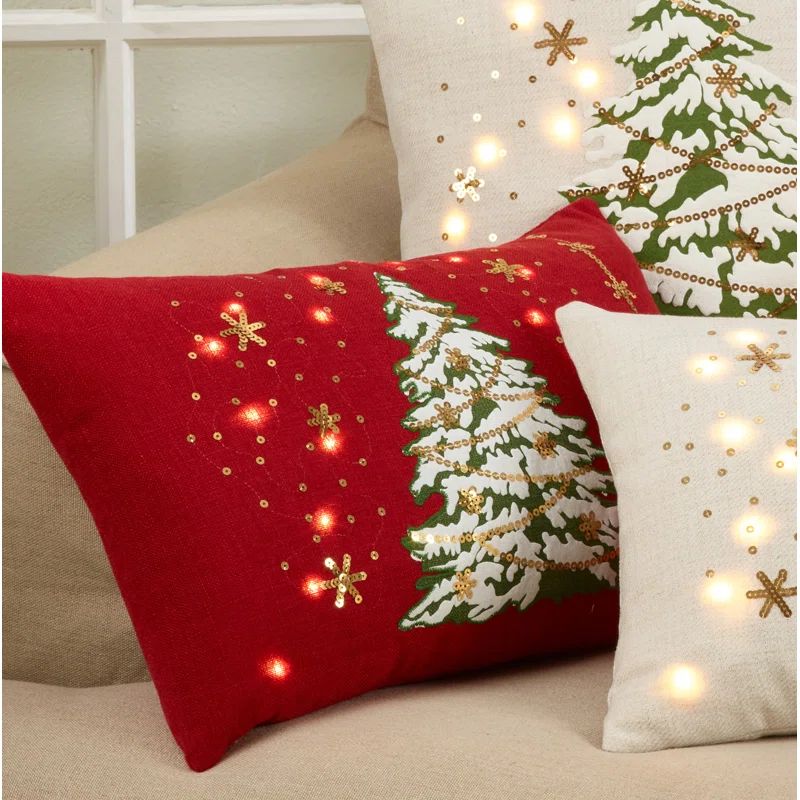 Red Polyester Christmas Tree Pillow with LED Lights