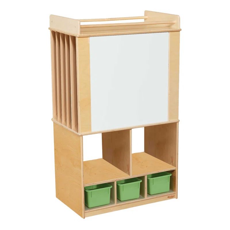 Natural Wood Kids Teaching Cart with Green Storage Bins