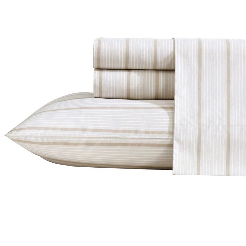 Twin Taupe and White Cotton Percale Stripe Sheet Set