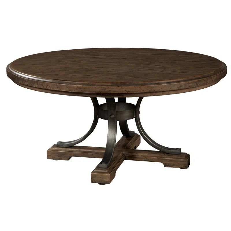 Elegant Transitional 42" Round Cocktail Table in Brown Wood & Metal