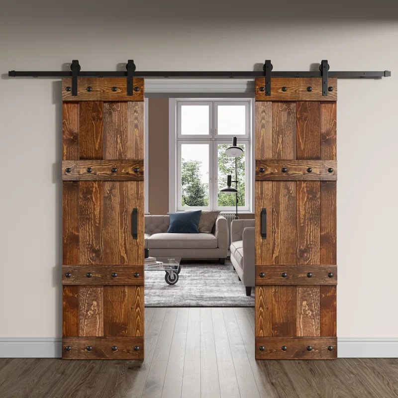 Dark Walnut Pine Wood Double Sliding Barn Door with Hardware Kit