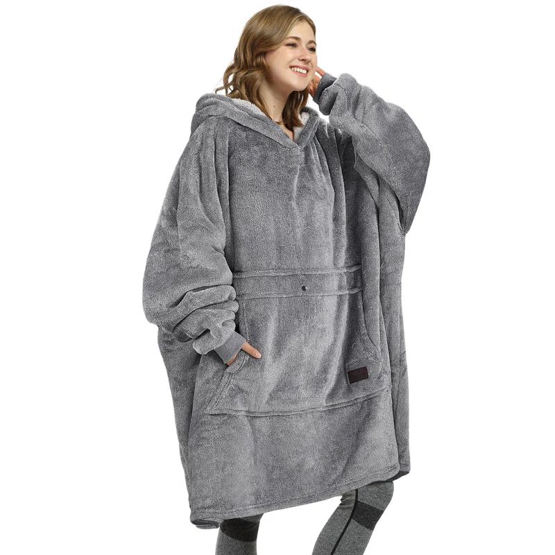 Oversized Ash Gray Flannel Fleece Hooded Pullover Blanket