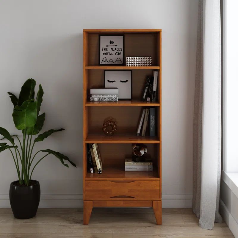 Adjustable Teak Brown Wood Bookcase with Storage