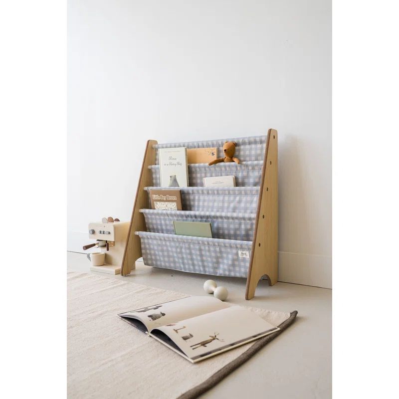 Blue Gingham 4-Tier Kids Book Rack with Manufactured Wood Frame