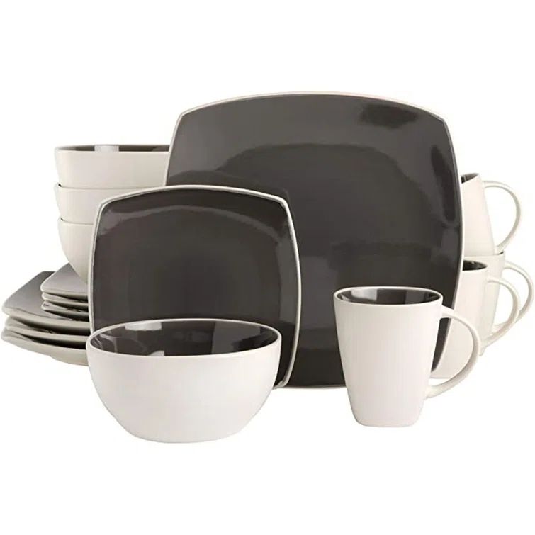 Gray and White Square Ceramic Dinnerware Set, Service for 4