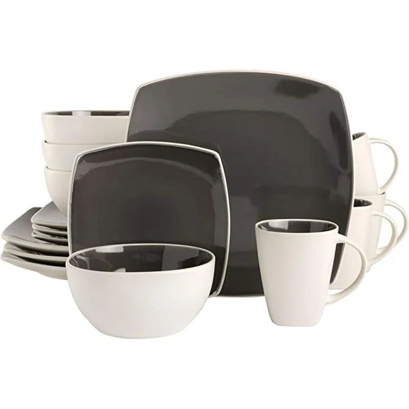 Gray and White Square Ceramic Dinnerware Set, Service for 4
