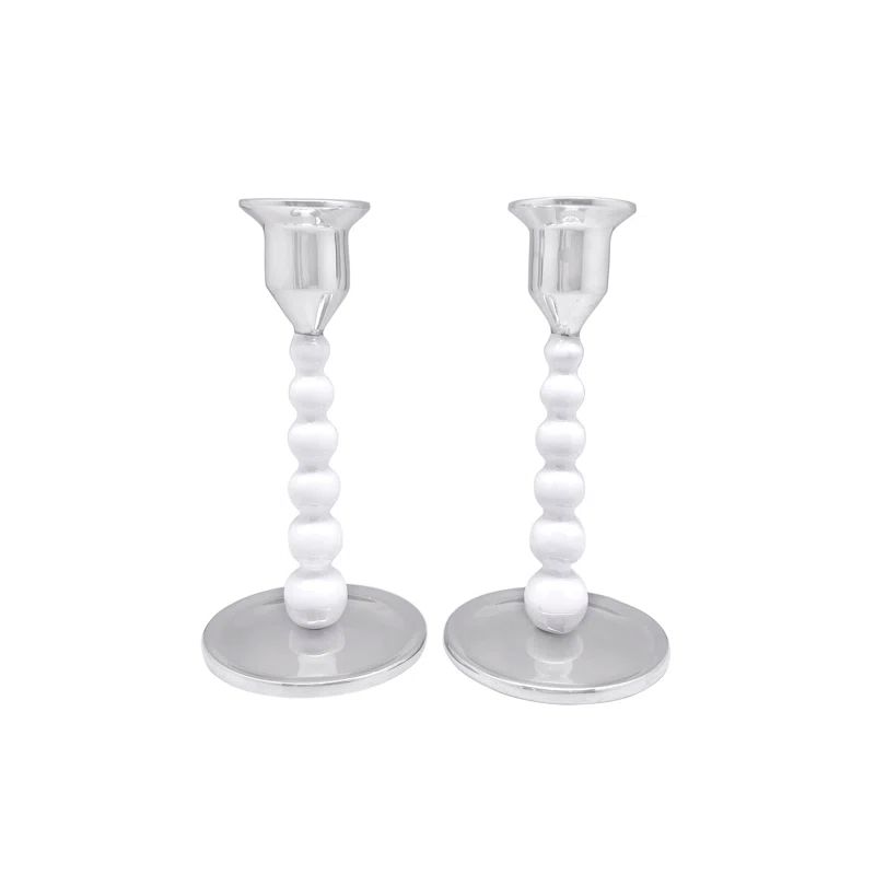 White Recycled Aluminum Pearled Candlestick Set