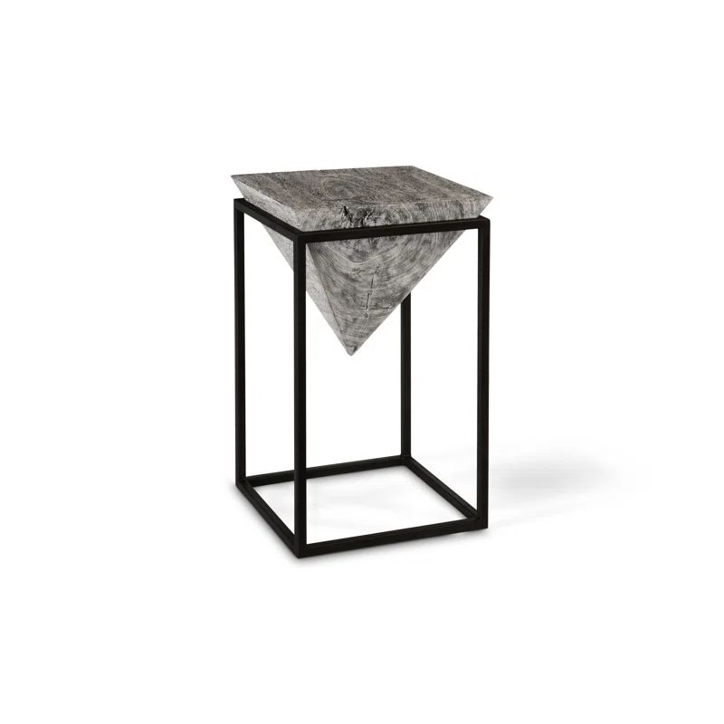 Gray Stone and Black Metal Inverted Pyramid End Table