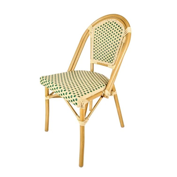 Beige and Green Rattan Armless Bistro Chair with Aluminum Legs