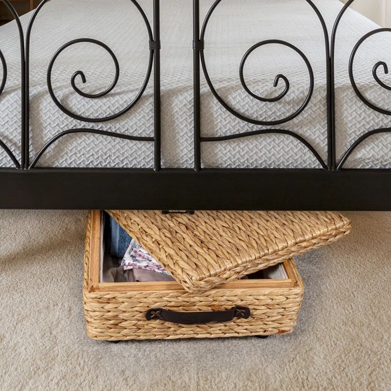 Natural Hand-Woven Hyacinth and Wood Underbed Storage Bin with Wheels