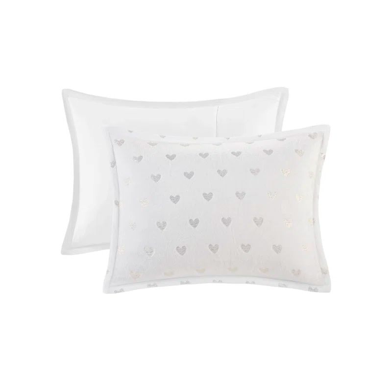 White and Gold Twin Microfiber Plush Comforter Set with Heart Print