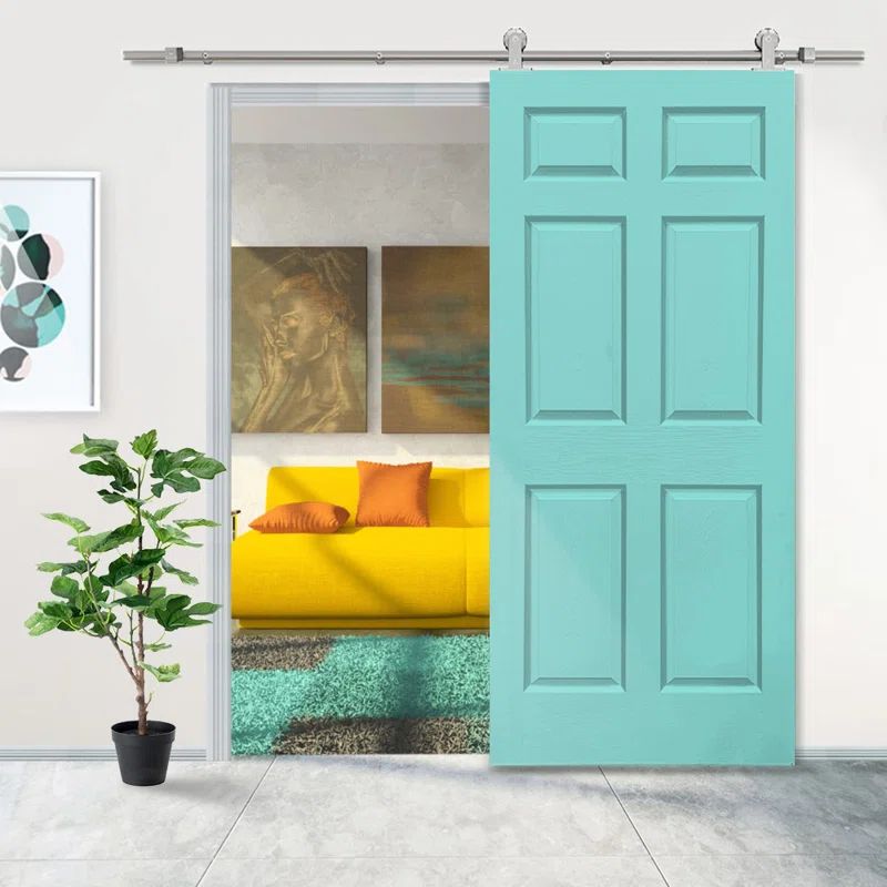 36 in. x 80 in. Mint Green Stained Composite MDF 6-Panel Interior Sliding Barn Door with Hardware Kit