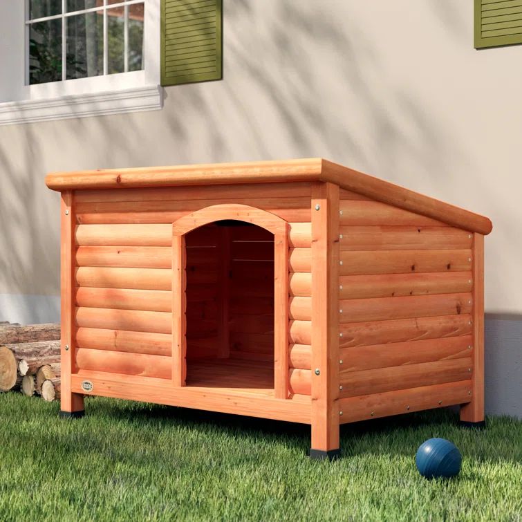 Medium Brown Pine Wood Dog House with Flat Roof