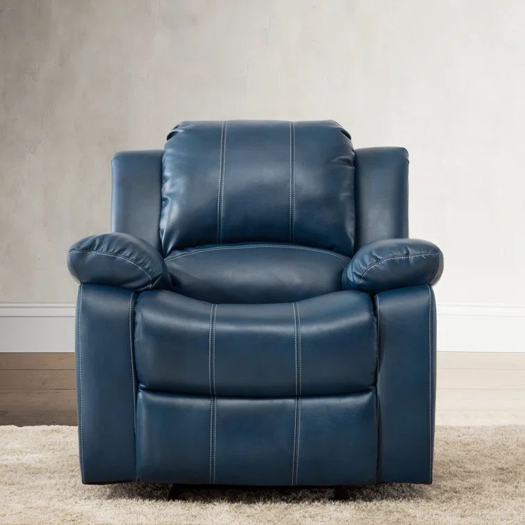 Midnight Blue Transitional Faux Leather & Wood Recliner Chair