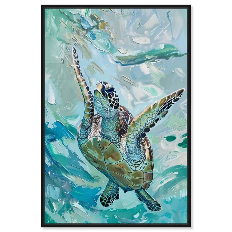 Serene Turtle Coastal Canvas Wall Art with Black Frame, 46" x 31"