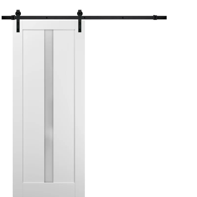 White Frosted Glass MDF Sliding Barn Door with Black Hardware