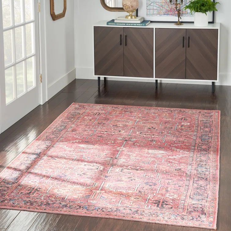 Vintage Distressed Persian 5'3" x 7'3" Area Rug in Brick Red