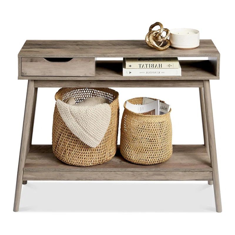 Gray Oak Mid-Century Modern Console Table with Storage