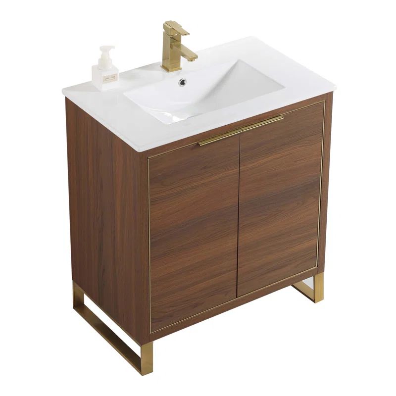 Walnut and White Ceramic Single Bathroom Vanity with Brass Hardware