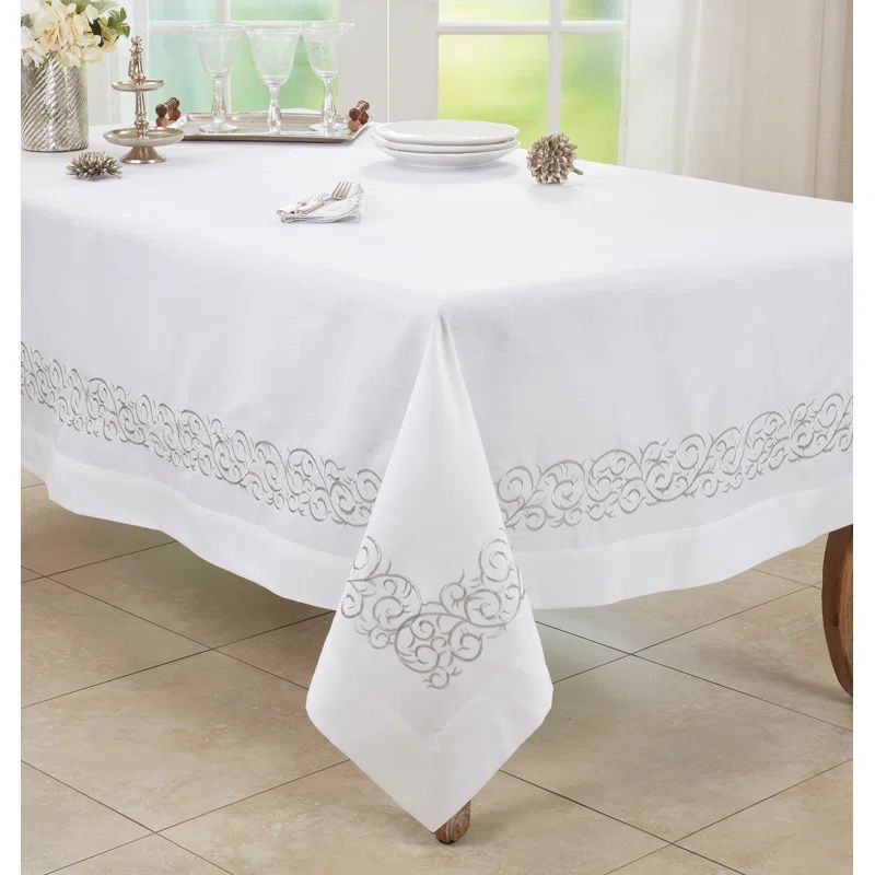 White Embroidered Scroll Fabric Tablecloth