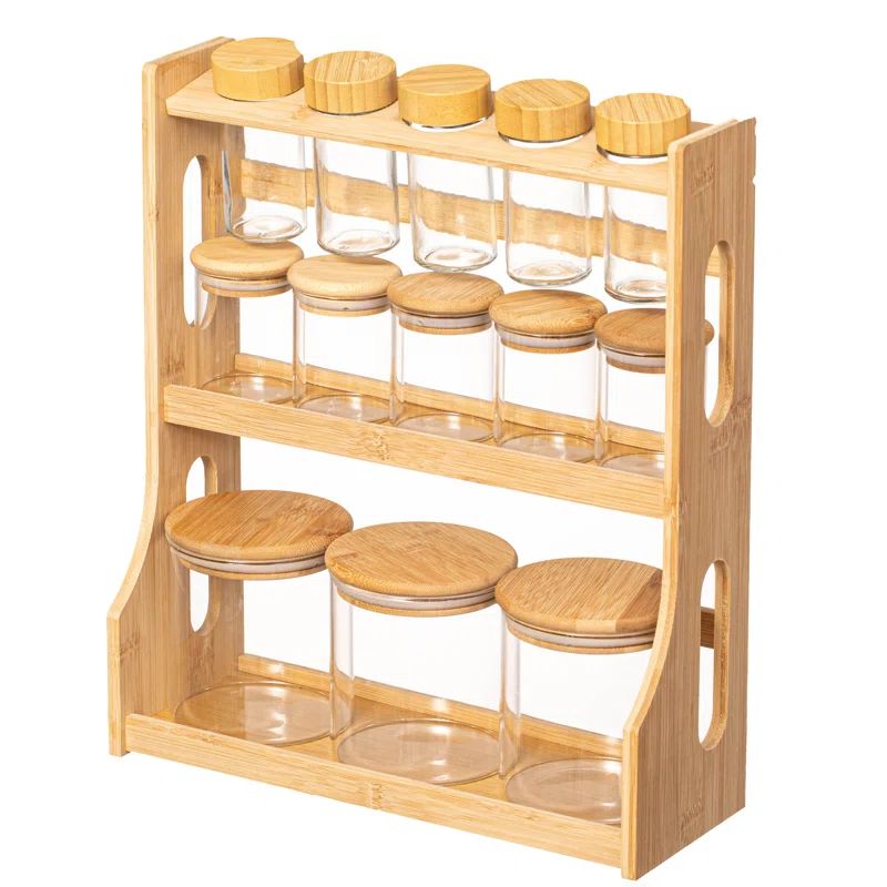 Natural Bamboo 3-Tier Spice Rack with Glass Jars