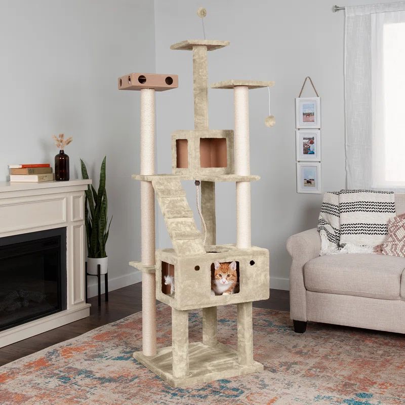 Cream Sisal Tall Cat Tree with Multiple Levels and Toys