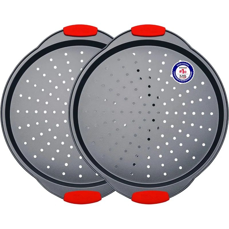 Non-Stick Carbon Steel Perforated Pizza Pans with Silicone Handles